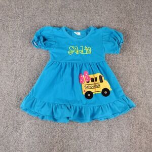 Boutique Kids Blue School Bus "Sadie" Embroidered Ruffle Dress Size 12-18M
